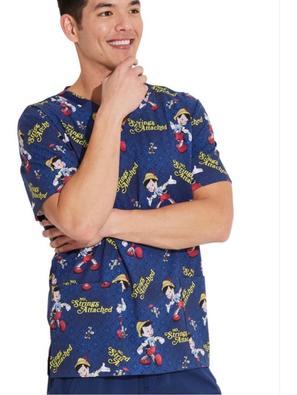 NWT Disney Men's Navy Pinocchio No Strings Attached Scrub Top
